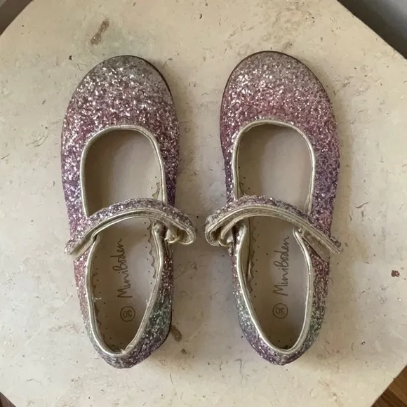 Mini Boden Girls Glittery Pink and Silver Mary Jane Flats Dress Ballet 30 UK