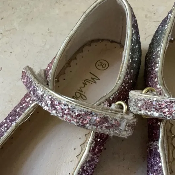 Mini Boden Girls Glittery Pink and Silver Mary Jane Flats Dress Ballet 30 UK