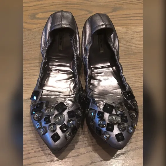 Miu Miu Gray Flats w/ Beaded Decor GUC Size 40