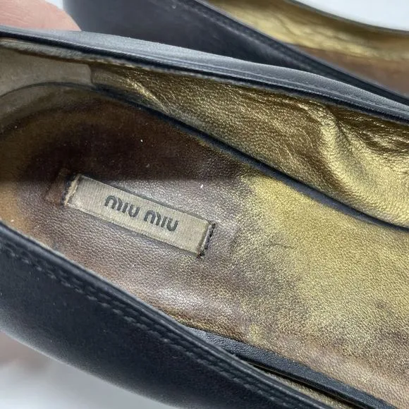 MIU MIU Shoes Womens 37 US 7 Black Low Heel Leather Bow Braid Detail