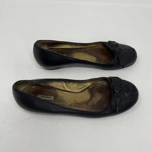 MIU MIU Shoes Womens 37 US 7 Black Low Heel Leather Bow Braid Detail