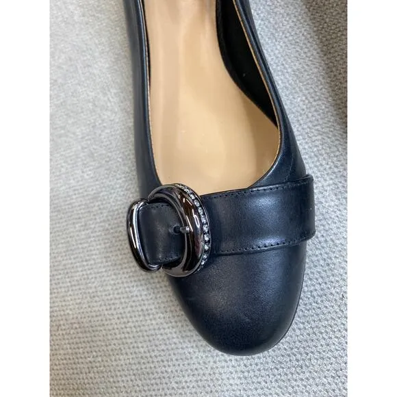 NATURALIZER POLLY BLACK LEATHER RHINESTONE GUNMETAL BUCKLE FLATS SHOES, 10.5 NEW
