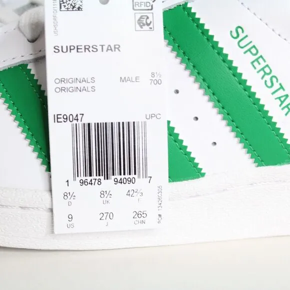 New Adidas Superstar White Green Casual Shoes IE9047 Men's Sneakers Size 9