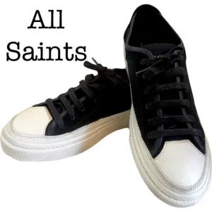 NEW All Saints Milla Low Top Mixed Leather Sneakers Black Size 12