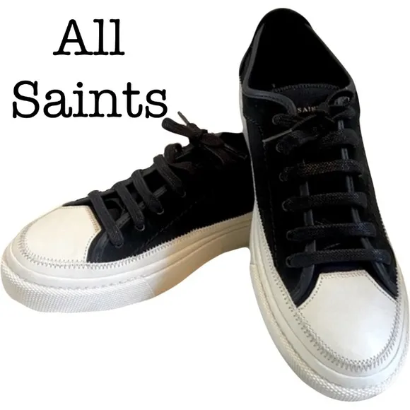 NEW All Saints Milla Low Top Mixed Leather Sneakers Black Size 12