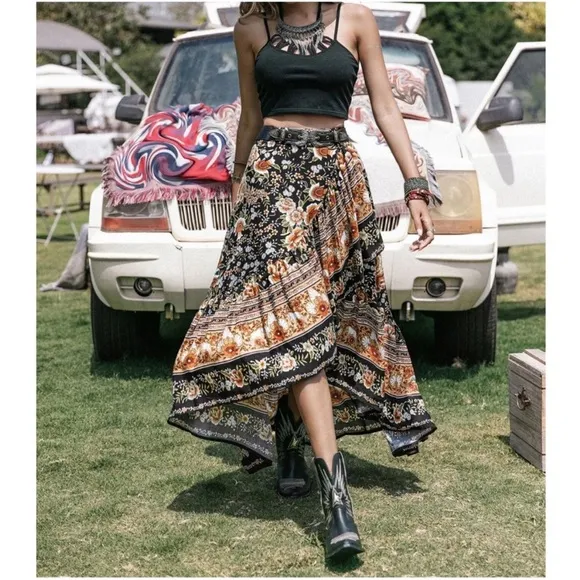 NEW! Boho Black Floral Paisley Ruffle Front Elastic Waist Maxi Skirt!