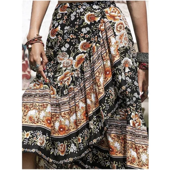 NEW! Boho Black Floral Paisley Ruffle Front Elastic Waist Maxi Skirt!