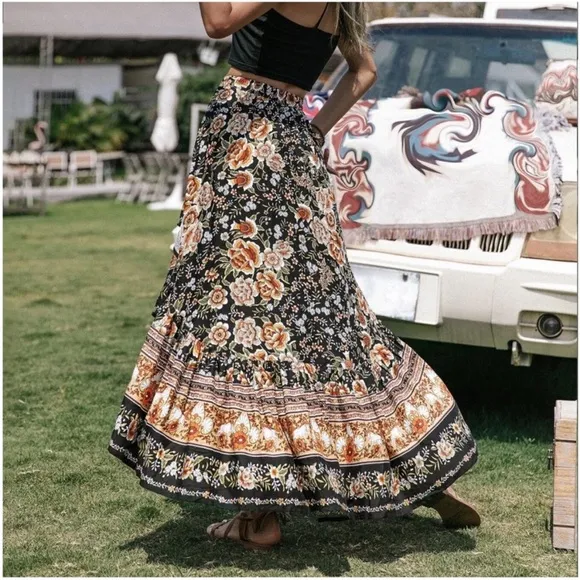NEW! Boho Black Floral Paisley Ruffle Front Elastic Waist Maxi Skirt!