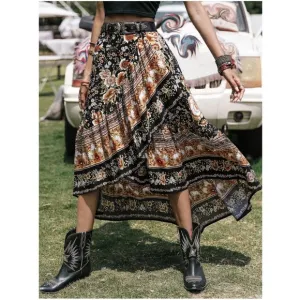 NEW! Boho Black Floral Paisley Ruffle Front Elastic Waist Maxi Skirt!