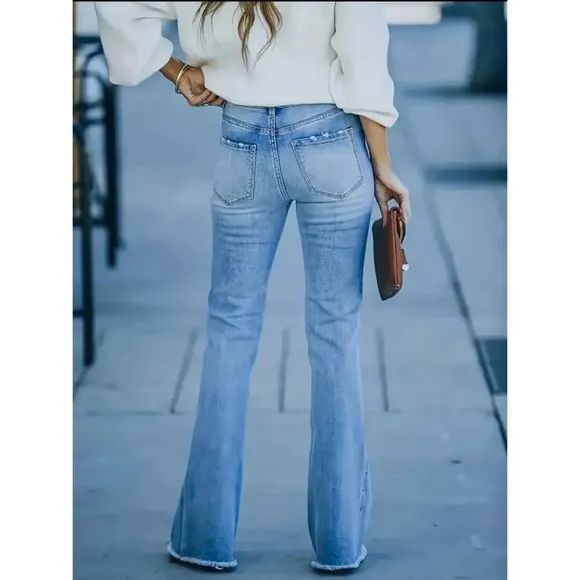 NEW! High Waist Raw Hem Flare Relaxed Stretchy Jeans with Whiskering!