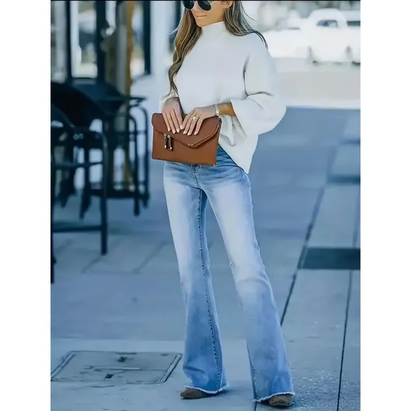 NEW! High Waist Raw Hem Flare Relaxed Stretchy Jeans with Whiskering!