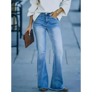 NEW! High Waist Raw Hem Flare Relaxed Stretchy Jeans with Whiskering!
