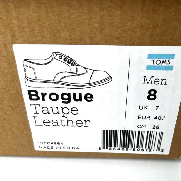 NEW IN BOX Toms Men’s Brogue Leather Shoes in Taupe 8M