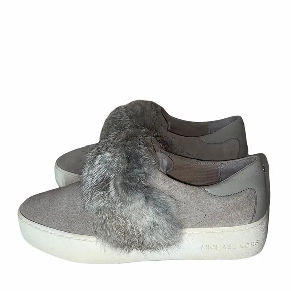 NEW MICHAEL KORS Maven Fur Strap Suede Sneakers Grey 6M