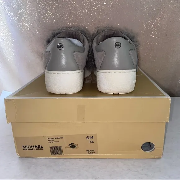 NEW MICHAEL KORS Maven Fur Strap Suede Sneakers Grey 6M