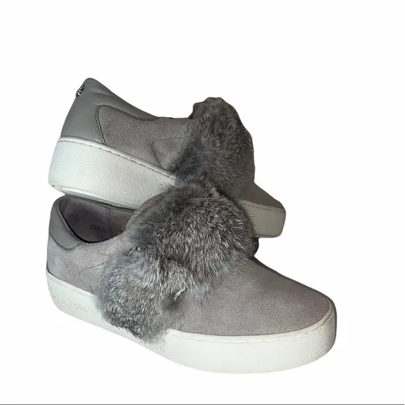 NEW MICHAEL KORS Maven Fur Strap Suede Sneakers Grey 6M