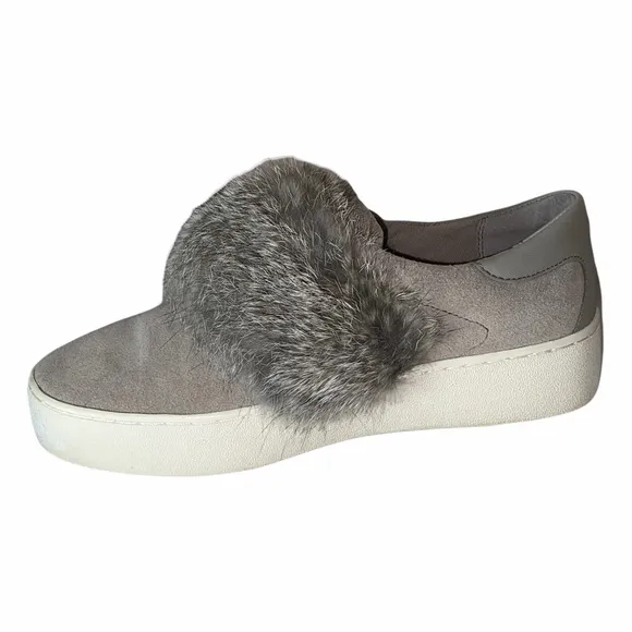 NEW MICHAEL KORS Maven Fur Strap Suede Sneakers Grey 6M