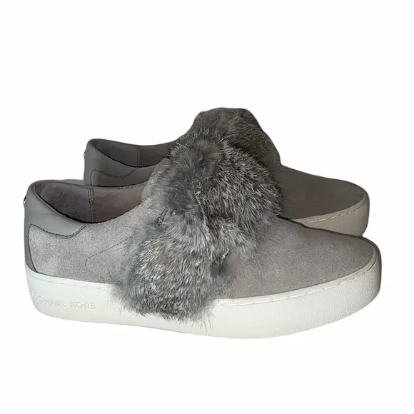 NEW MICHAEL KORS Maven Fur Strap Suede Sneakers Grey 6M