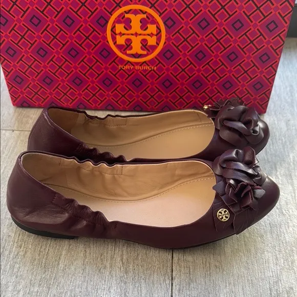 NEW NIB Tory Burch Women's Burgundy Ballet Flats size 6.5 Blossom Ballet Classic