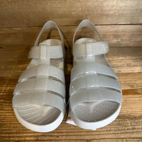 New NWT Big Kids Crocs Isabella Gray Sparkle Jelly Flats Shoes Sandals Size 3 Y‎