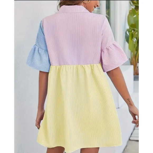 NEW! Pinstriped Pastel Color Block Ruffle Button Up Shirt Dress!