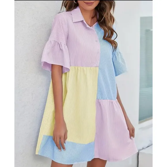 NEW! Pinstriped Pastel Color Block Ruffle Button Up Shirt Dress!