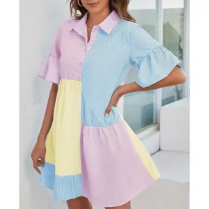 NEW! Pinstriped Pastel Color Block Ruffle Button Up Shirt Dress!
