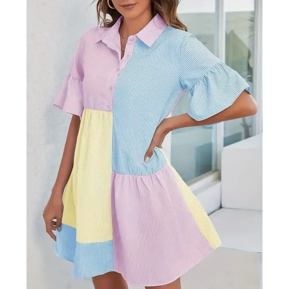 NEW! Pinstriped Pastel Color Block Ruffle Button Up Shirt Dress!