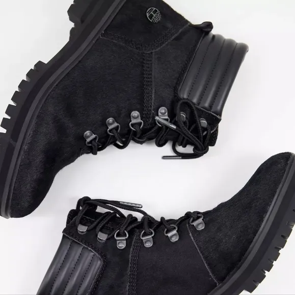 NEW Timberland Black Calf Hair Leather London Square Lace-Up Hiker Boots 8