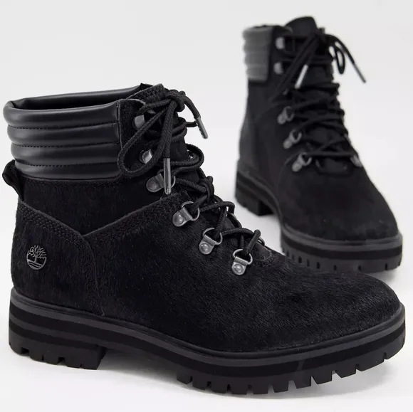 NEW Timberland Black Calf Hair Leather London Square Lace-Up Hiker Boots 8
