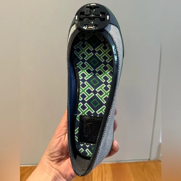 New Tory Burch Channing Sneakers / Flats Navy Blue &amp; Green Patent Size 6.5
