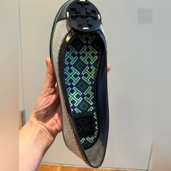 New Tory Burch Channing Sneakers / Flats Navy Blue &amp; Green Patent Size 6.5