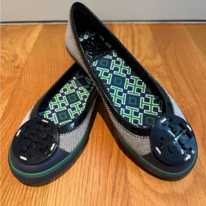 New Tory Burch Channing Sneakers / Flats Navy Blue &amp; Green Patent Size 6.5