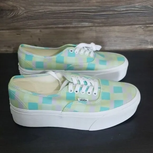 New Vans Authentic Stacked Pastel Picnic Mixed Plaid Green Blue Purple Sneakers