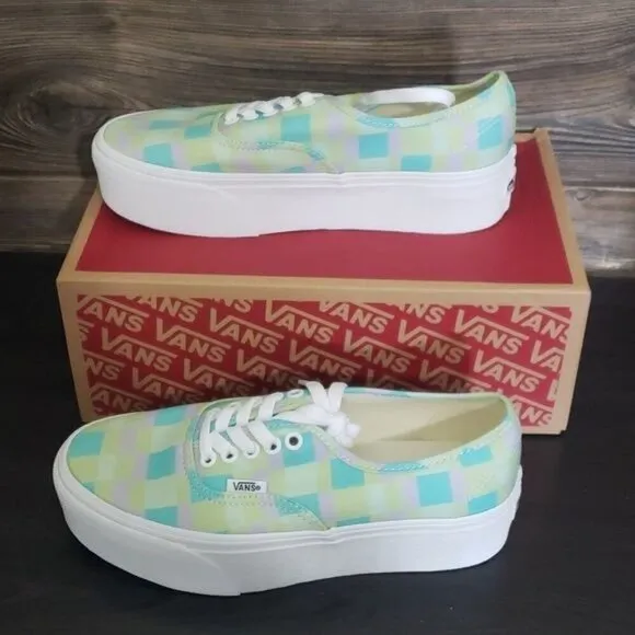 New Vans Authentic Stacked Pastel Picnic Mixed Plaid Green Blue Purple Sneakers