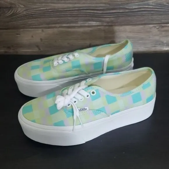 New Vans Authentic Stacked Pastel Picnic Mixed Plaid Green Blue Purple Sneakers