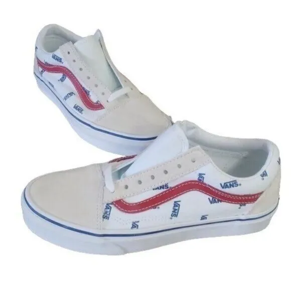 New Vans Old Skool Logo White Blue Red Sneakers