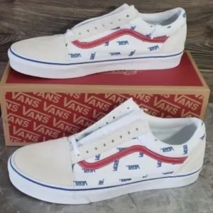New Vans Old Skool Logo White Blue Red Sneakers