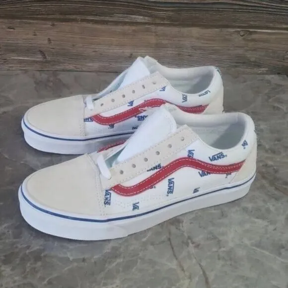 New Vans Old Skool Logo White Blue Red Sneakers