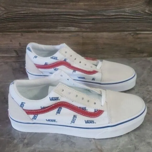 New Vans Old Skool Logo White Blue Red Sneakers