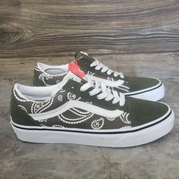 New Vans Old Skool Peace Paisley Green White Sneakers