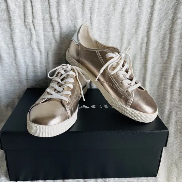 NIB Coach C136 Champagne Metallic Leather Low Top Sneakers FG4567 - Size 9.5 B