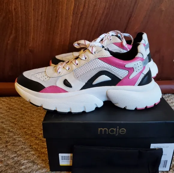 NIB MAJE Faster Leather Suede Mesh White Chunky Sole Dad Run Sneakers sz 41