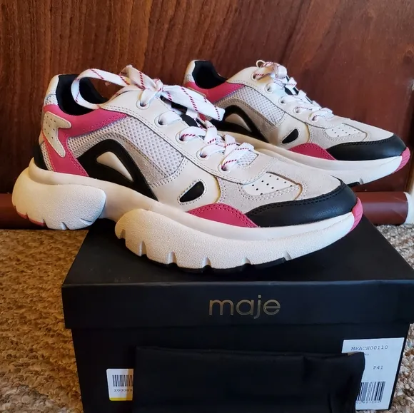 NIB MAJE Faster Leather Suede Mesh White Chunky Sole Dad Run Sneakers sz 41