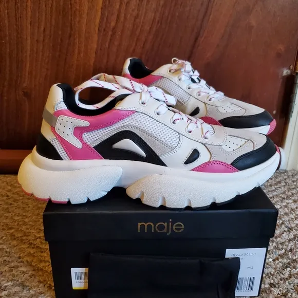 NIB MAJE Faster Leather Suede Mesh White Chunky Sole Dad Run Sneakers sz 41