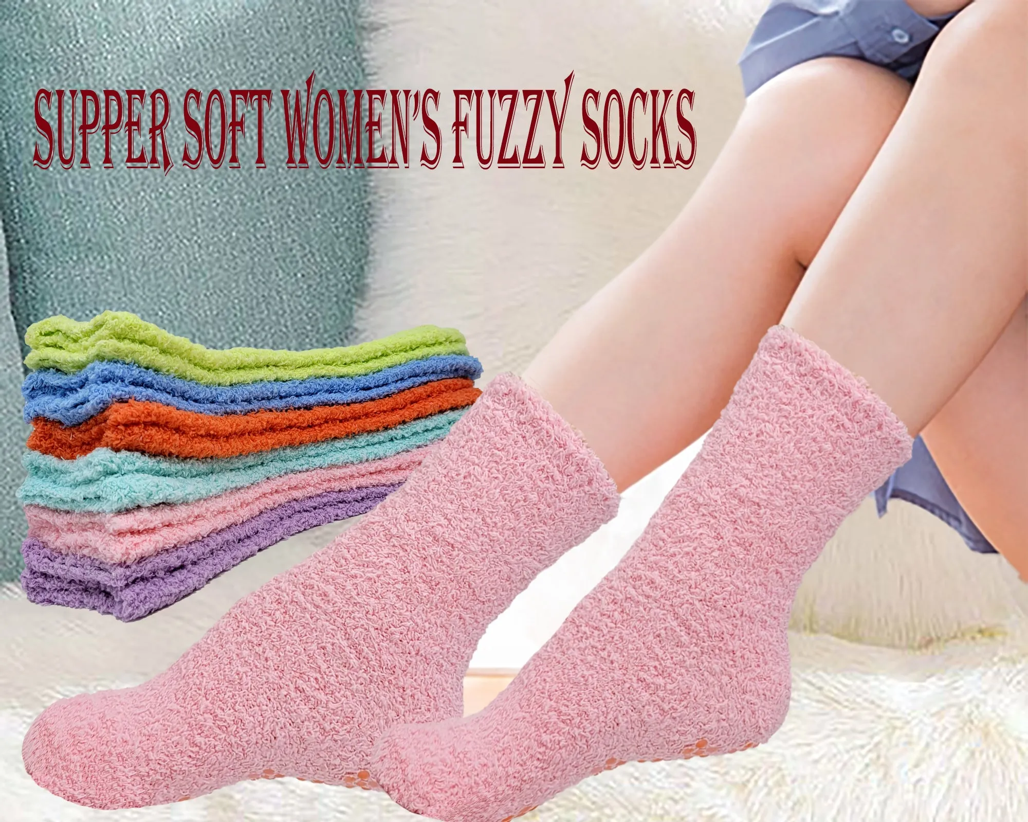 Non-Skid Home Slipper Grip Socks | Super Soft Winter Warm | Women (6 Pairs)