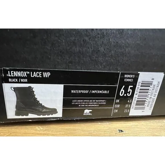 NWB WOMENS SOREL LENNOX LACE WATERPROOF (WP) Leather Boots BLACK US SZ 6.5/37.5
