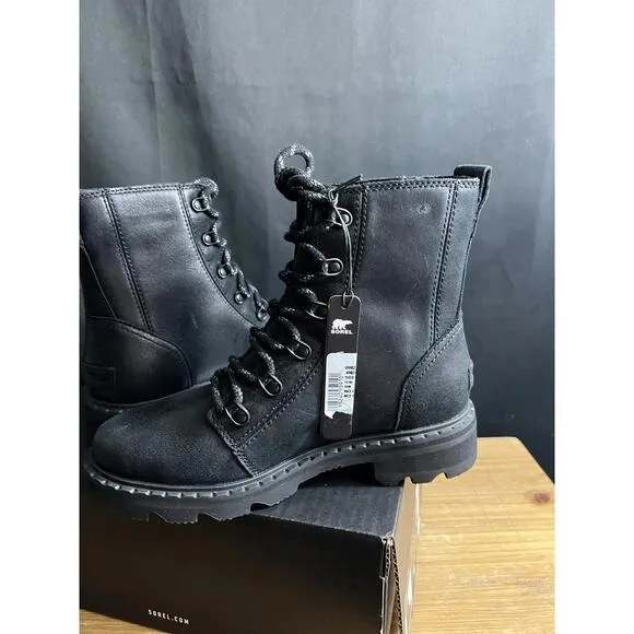 NWB WOMENS SOREL LENNOX LACE WATERPROOF (WP) Leather Boots BLACK US SZ 6.5/37.5
