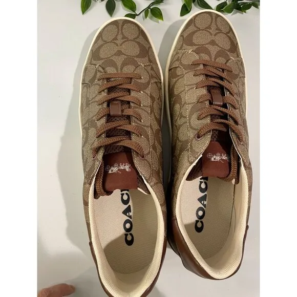 NWT $150 Coach Clip Low Top Sneaker Signature Khaki Saddle Men's 13D