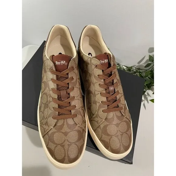 NWT $150 Coach Clip Low Top Sneaker Signature Khaki Saddle Men's 13D